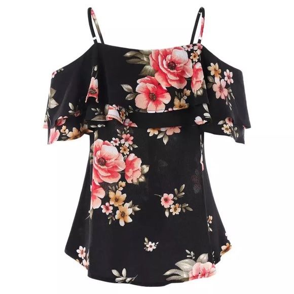 Tops - Fashion Floral Print Cold Shoulder Overlay Blouse